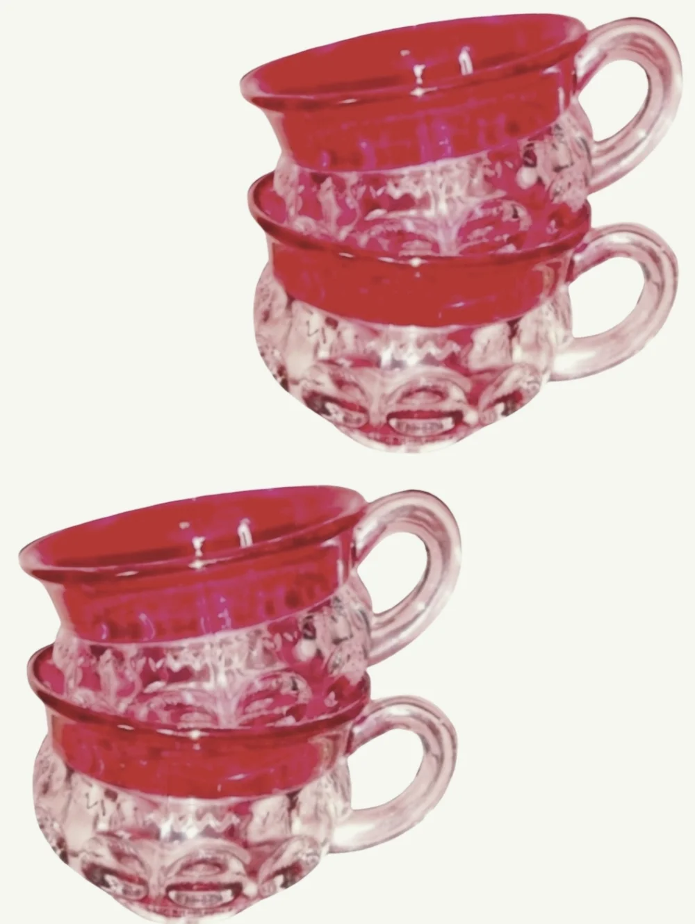 4 Cups Heavy Vintage Kings Crown Ruby Red Flash Thumbprint Coffee Cup Set Tiffin